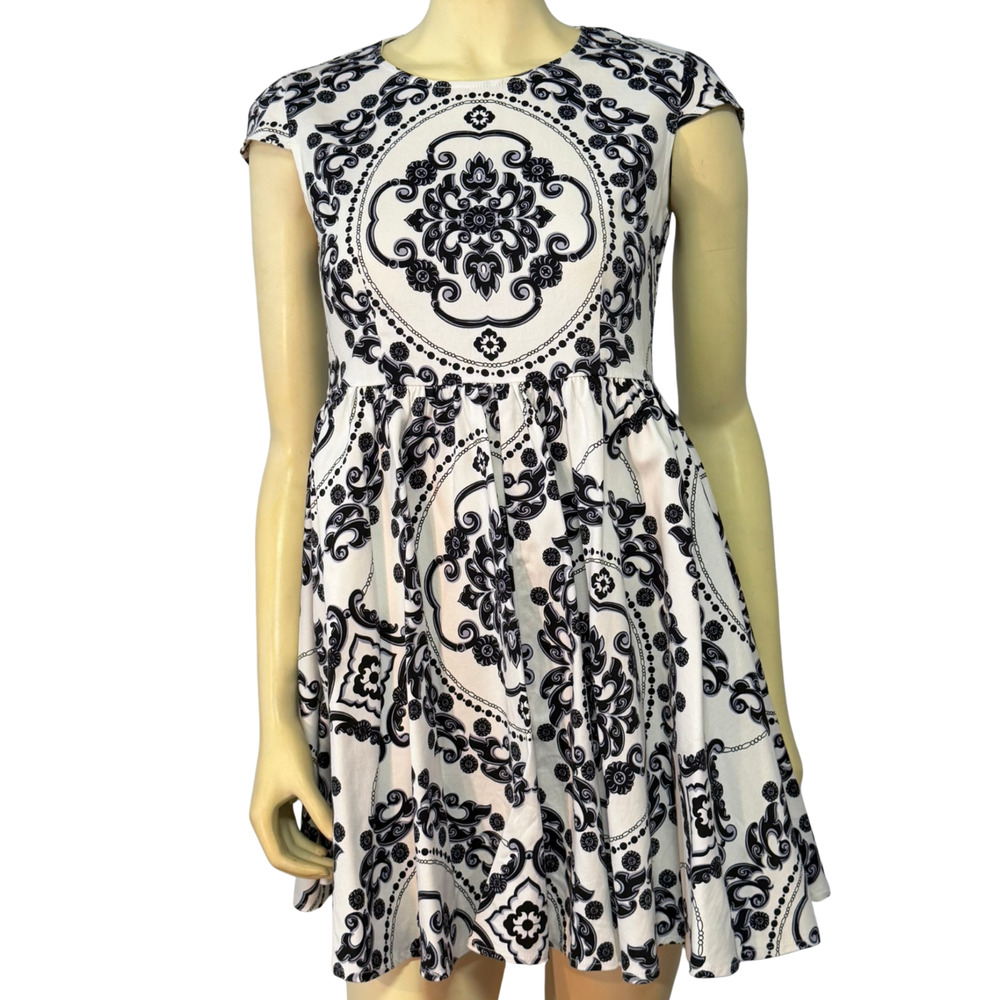 LuLus Sz M (fits S) Skater Dress Fit & Flare Royal Luxe Ivory Print w/Medallion